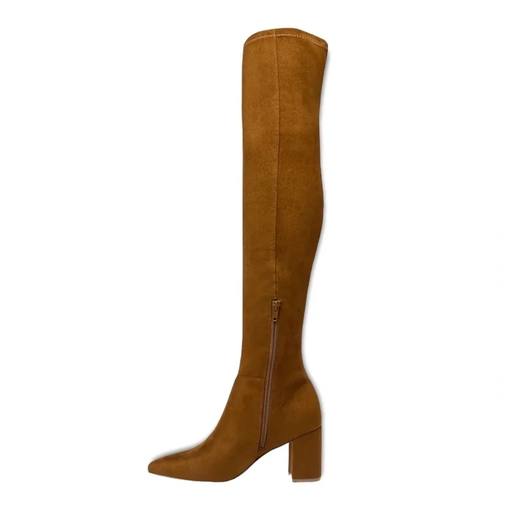 Steve Madden Shaya Boots Cognac Brown Over The Knee Suede Leather Heels Size 6.5